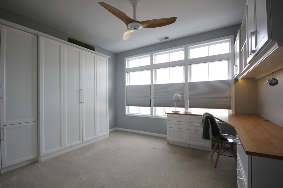 Esempio di una camera degli ospiti design con pareti grigie, moquette e pavimento beige