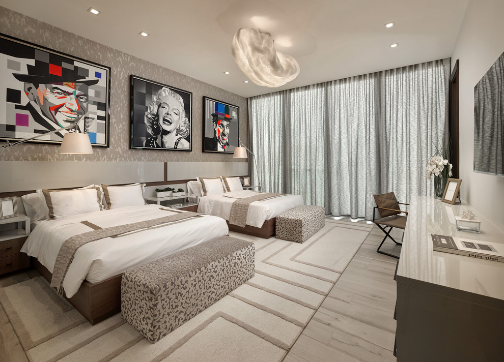 Design ideas for a contemporary grey and silver bedroom in Miami.