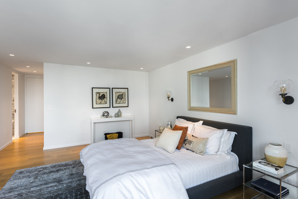 Idee per una grande camera da letto minimal con pareti bianche e parquet chiaro