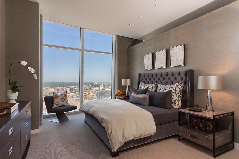 Contemporary master bedroom in Dallas with grey walls and carpet.