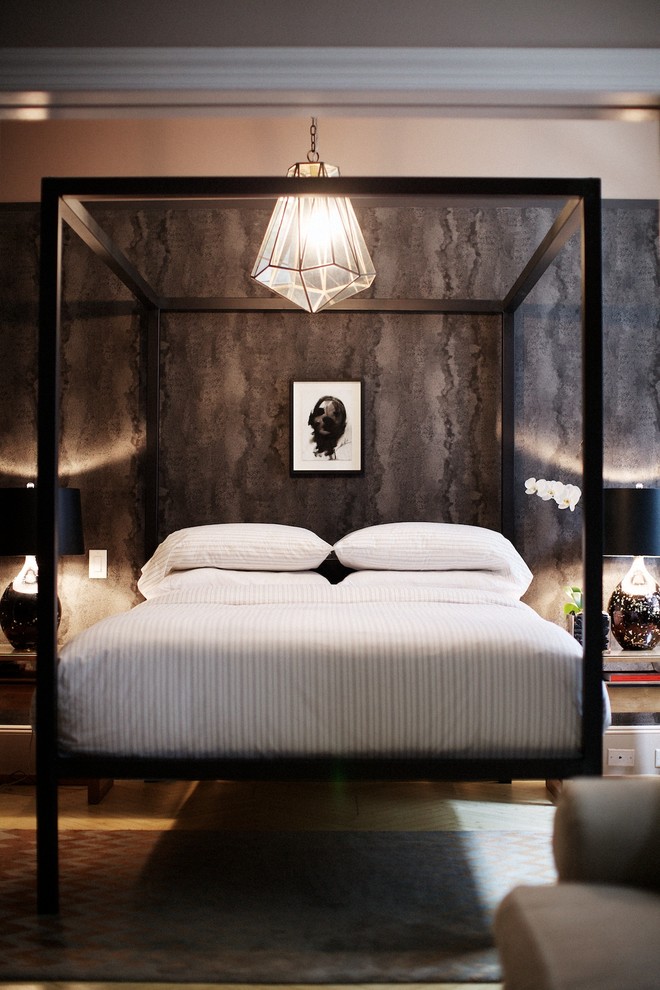 Modelo de dormitorio actual con paredes grises