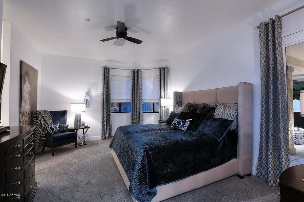 Inspiration for a mid-sized contemporary master carpeted bedroom remodel in Phoenix with white walls