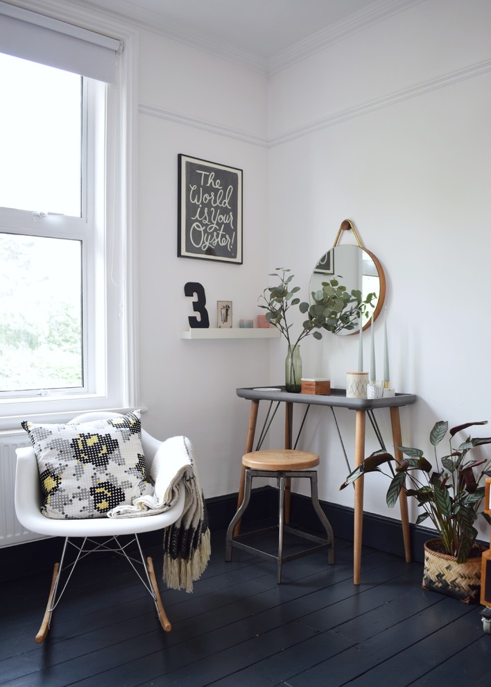 Inspiration for a large scandinavian master painted wood floor and gray floor bedroom remodel in Other with white walls, a two-sided fireplace and a metal fireplace