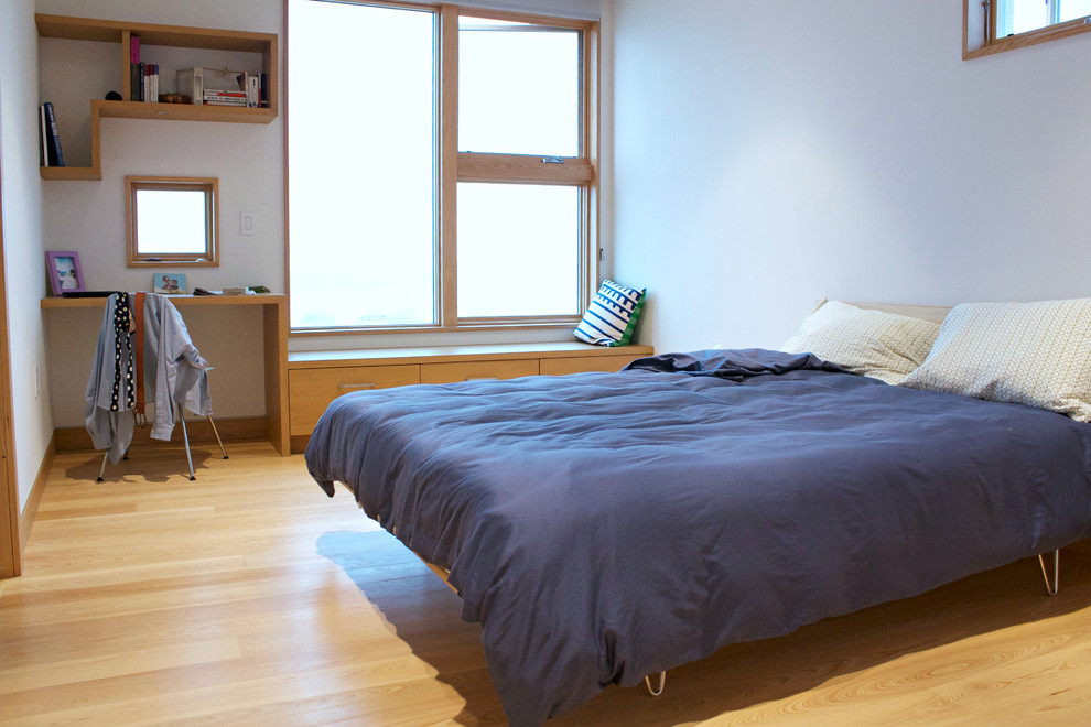 Modern inredning av ett sovrum, med vita väggar och ljust trägolv