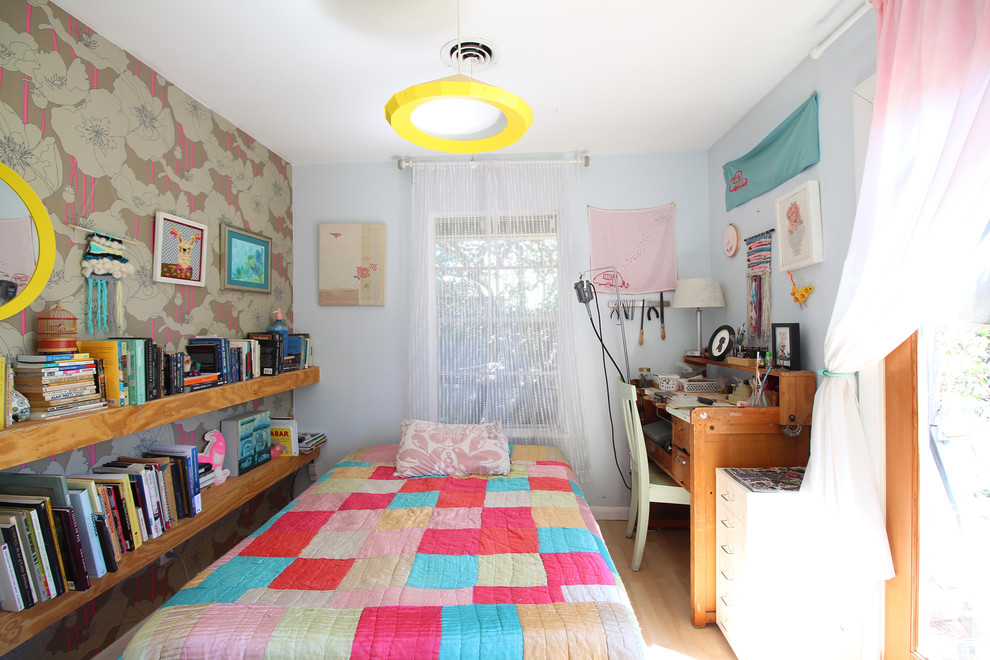 Eclectic light wood floor bedroom photo in Austin with multicolored walls and no fireplace