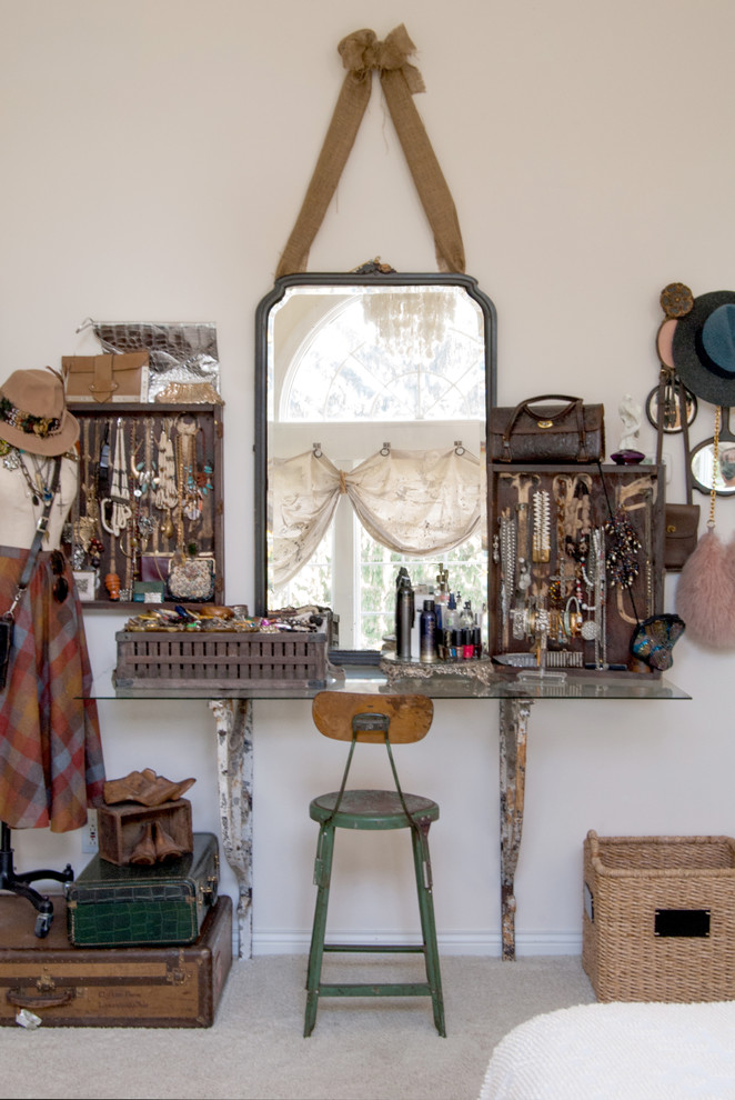 Inspiration for a large shabby-chic style carpeted bedroom remodel in Cleveland with white walls and no fireplace