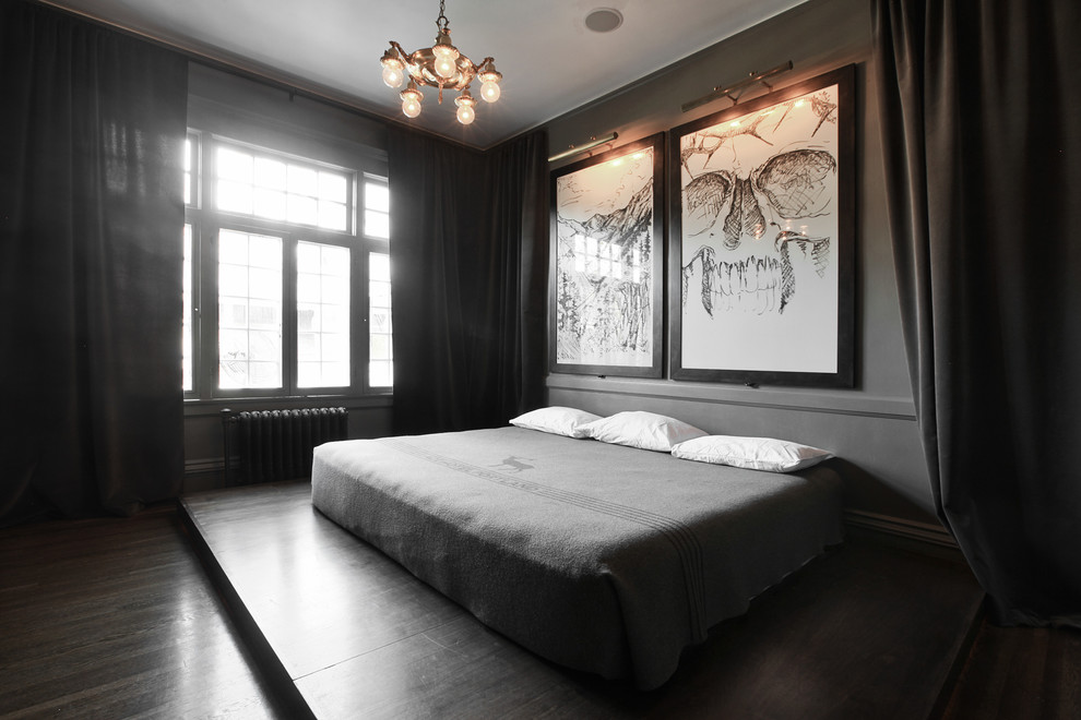 Trendy bedroom photo in Salt Lake City with gray walls