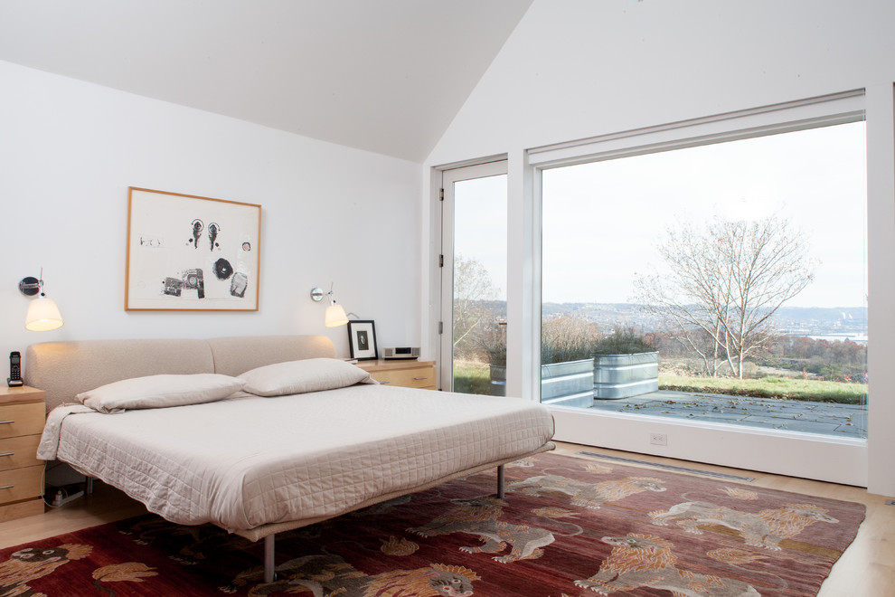 Photo of a rural bedroom in Other with white walls and light hardwood flooring.