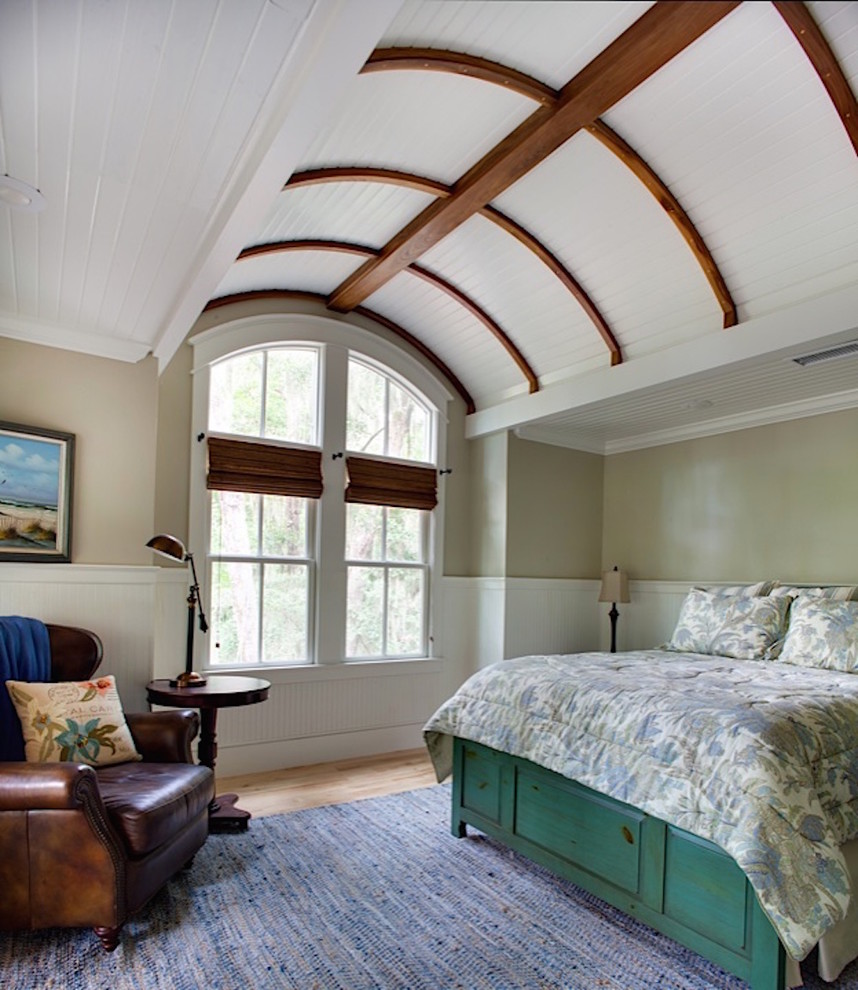 Inspiration for a large timeless master light wood floor and brown floor bedroom remodel in Atlanta with beige walls and no fireplace
