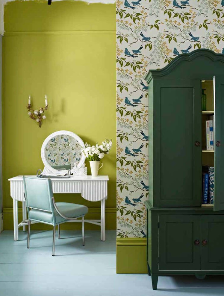 Inspiration for a classic bedroom in New York with green walls, painted wood flooring and no fireplace.