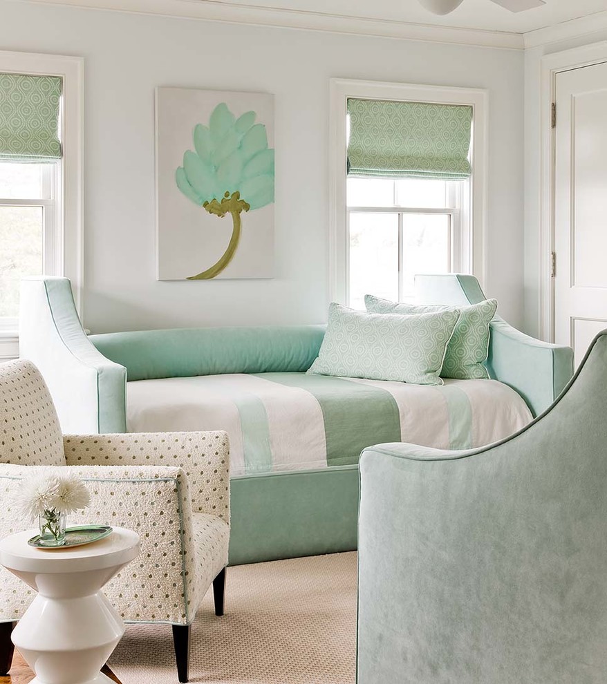 Example of a transitional carpeted bedroom design in Boston with white walls