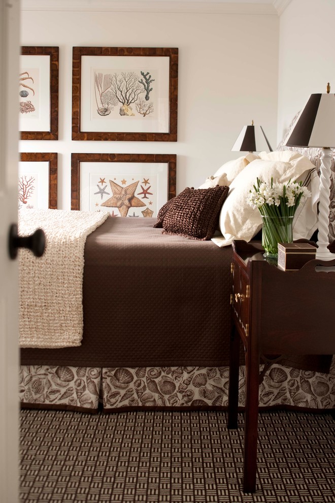 Inspiration for a mid-sized coastal master carpeted bedroom remodel in Boston with white walls and no fireplace