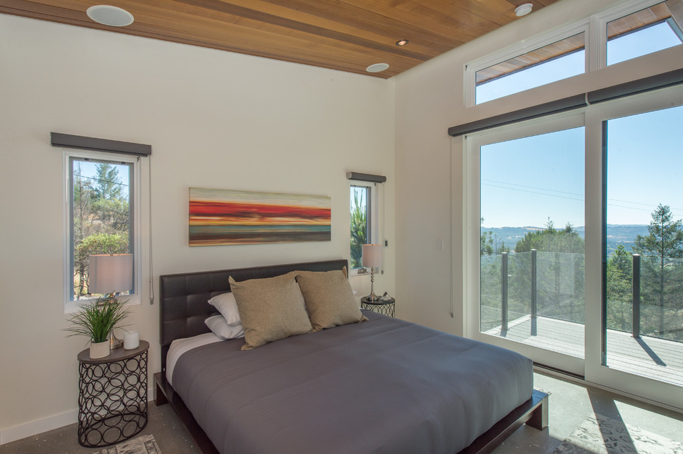 Modernes Hauptschlafzimmer mit Betonboden, grauem Boden und beiger Wandfarbe in Seattle