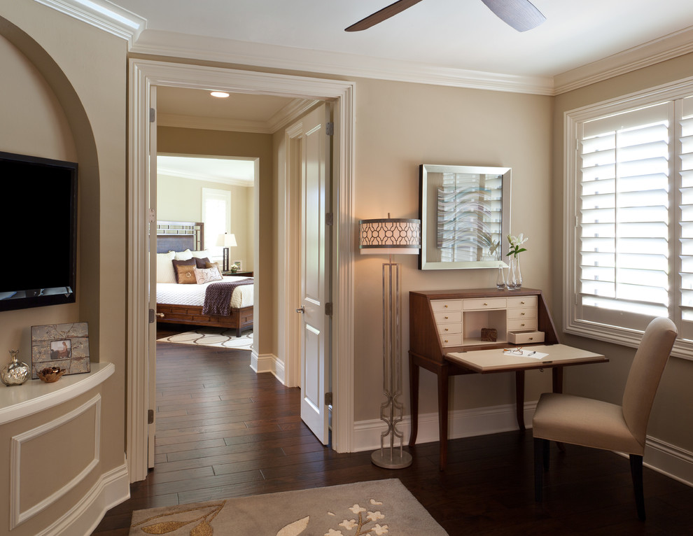 Inspiration for a medium sized classic master bedroom in Miami with beige walls and dark hardwood flooring.