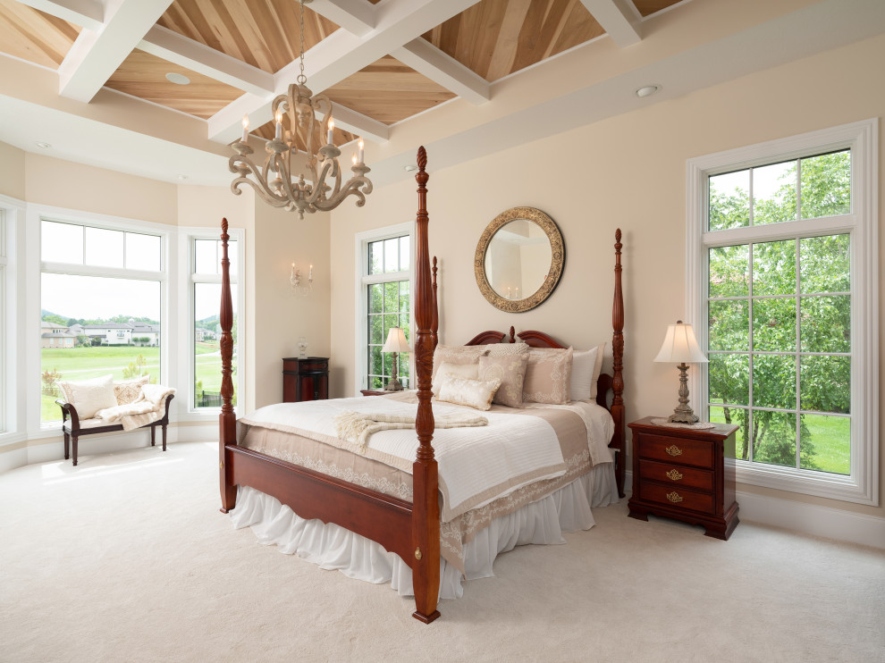 他の地域にあるトランジショナルスタイルのおしゃれな主寝室 (ベージュの壁、カーペット敷き、白い床、板張り天井)