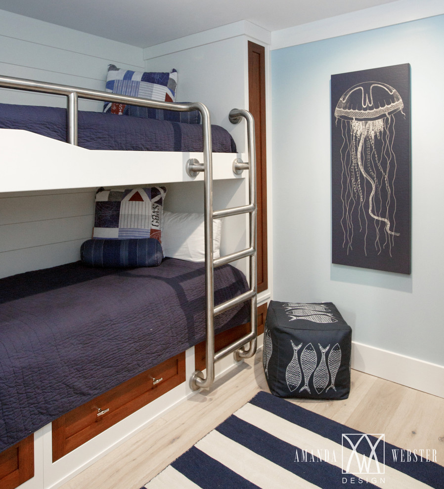 Modelo de habitación de invitados costera sin chimenea con paredes azules y suelo de madera clara
