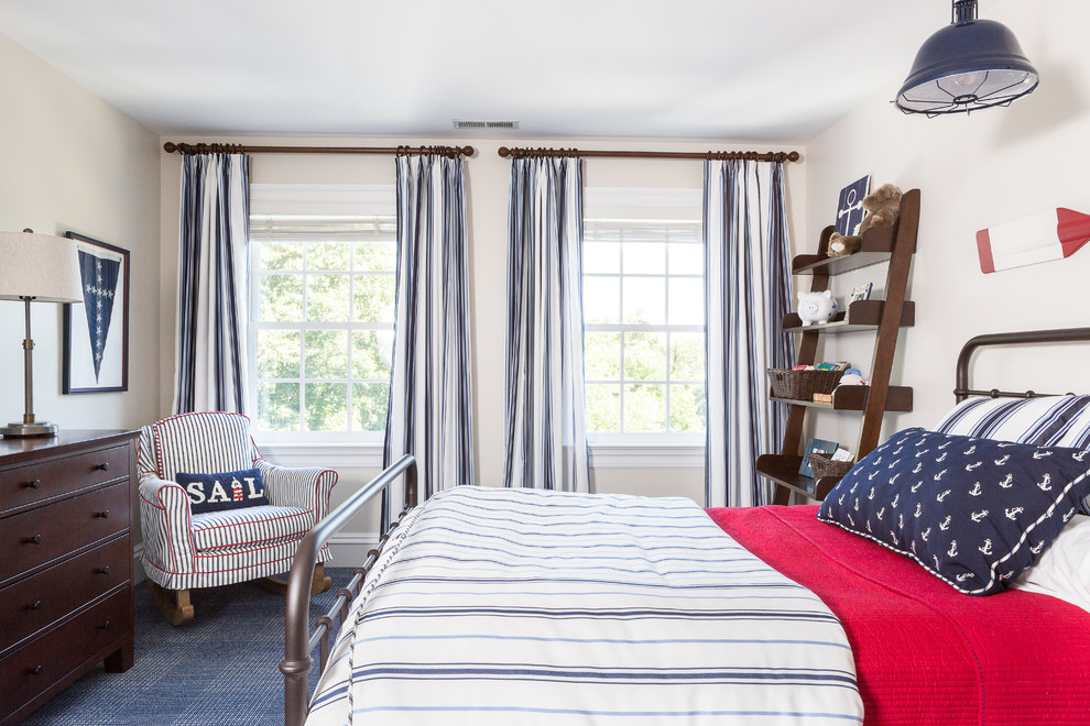 Photo of a coastal bedroom in New Orleans with white walls and carpet.