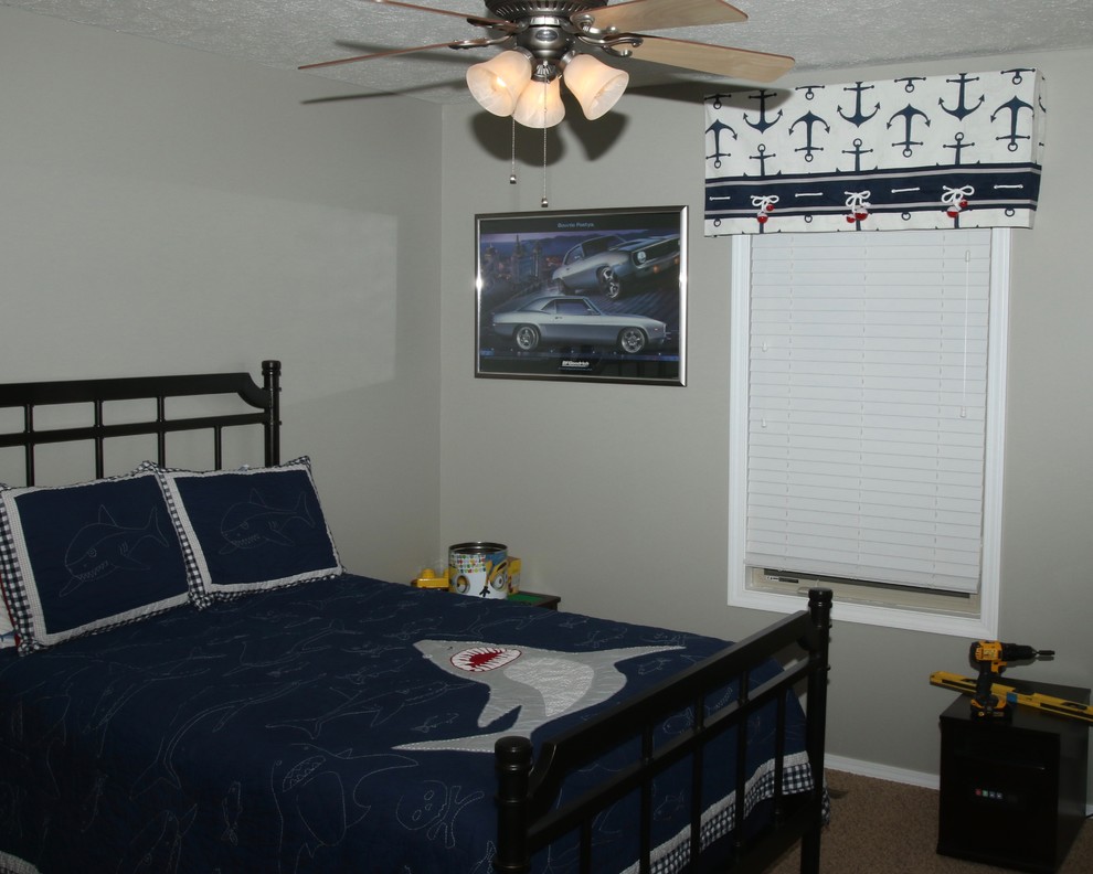Photo of a medium sized nautical bedroom in Other with grey walls and carpet.