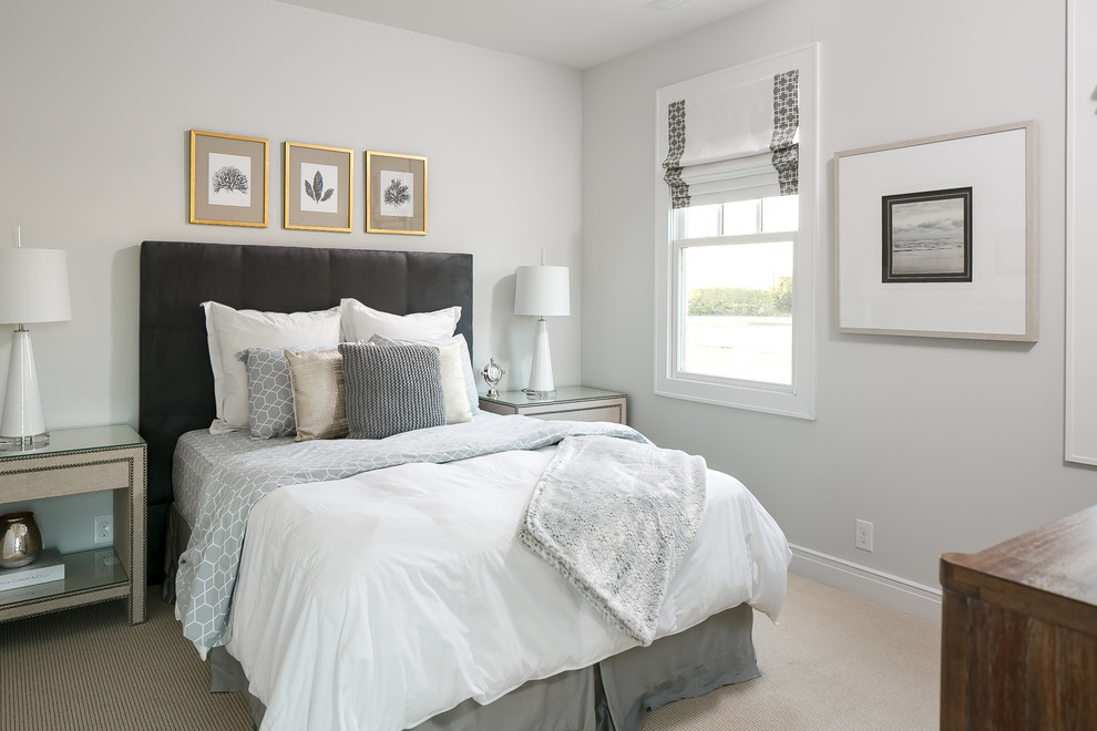 Источник вдохновения для домашнего уюта: гостевая спальня среднего размера, (комната для гостей) в стиле неоклассика (современная классика) с серыми стенами и ковровым покрытием