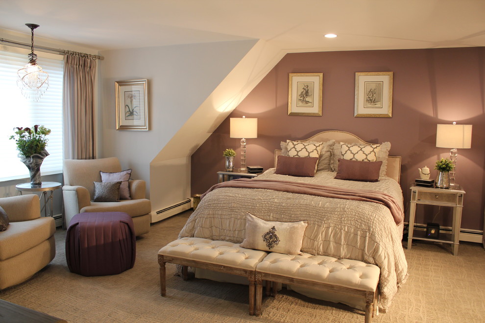 Inspiration for a timeless carpeted bedroom remodel in Boston with purple walls