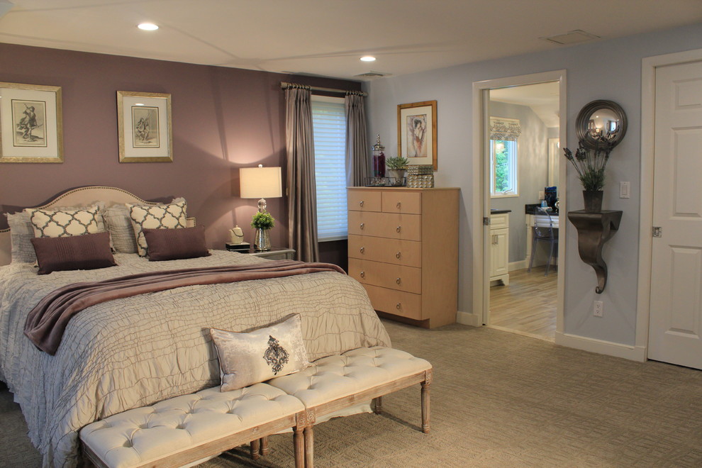 Design ideas for a traditional bedroom in Boston with purple walls and carpet.