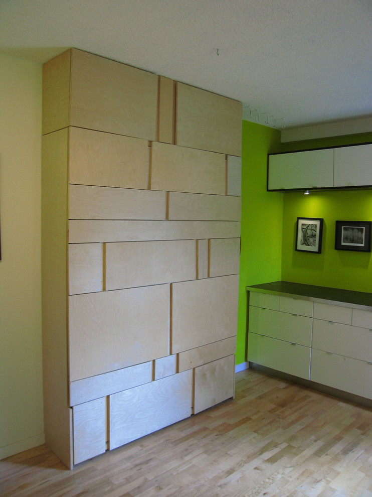 Ispirazione per una piccola camera degli ospiti moderna con pareti verdi, pavimento in legno massello medio e nessun camino
