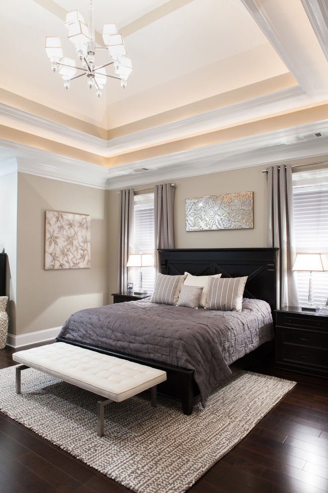 アトランタにあるトランジショナルスタイルのおしゃれな寝室 (グレーの壁、照明、グレーとブラウン) のレイアウト