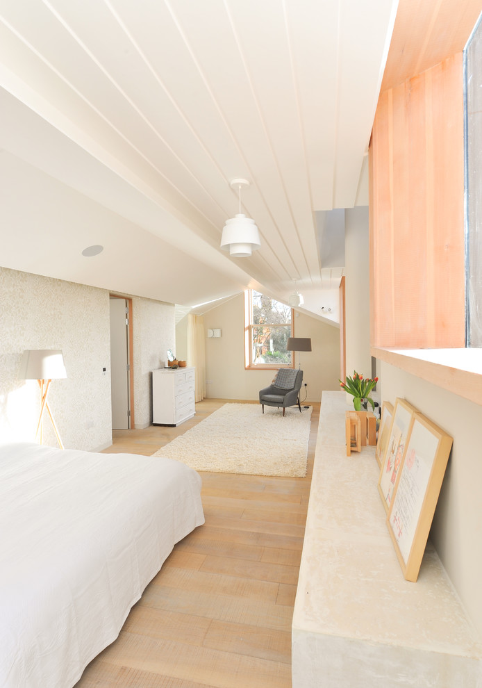 Scandinavian bedroom in London with white walls and light hardwood flooring.