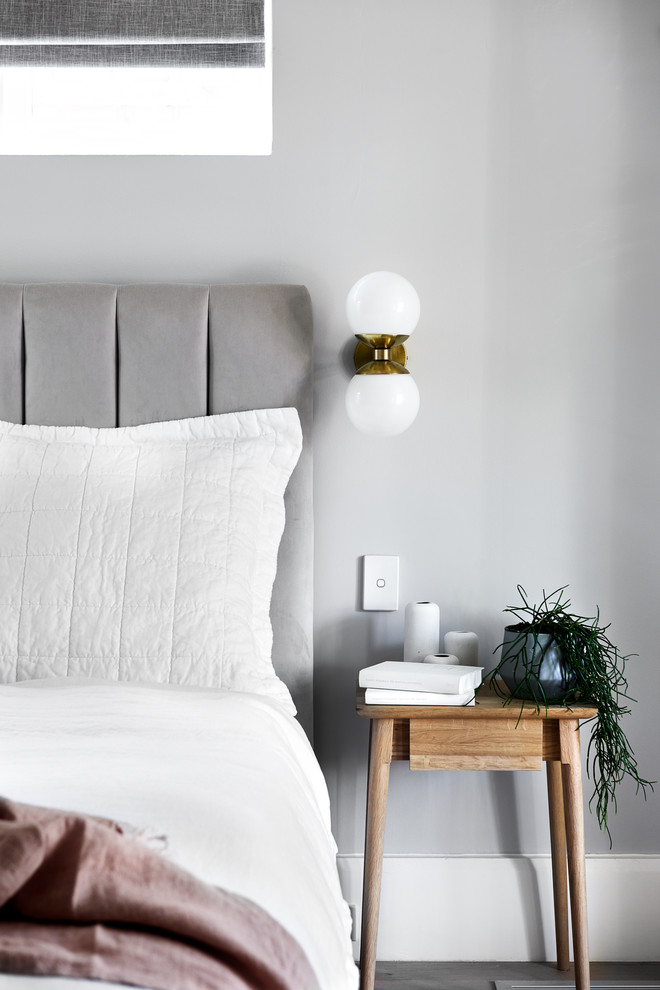 Photo of a contemporary master bedroom in Sydney with grey walls and light hardwood flooring.