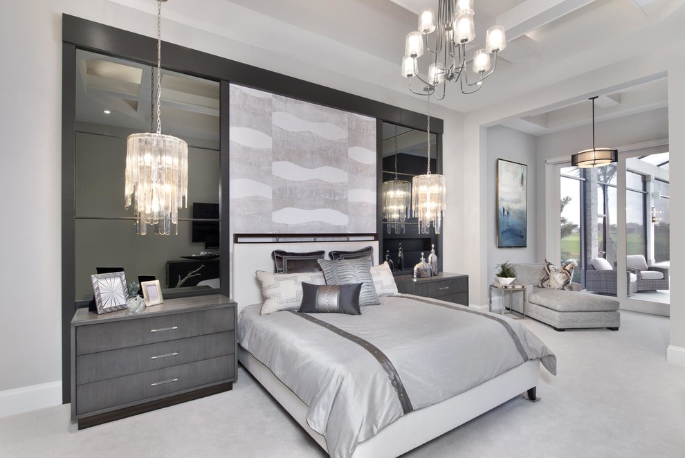 Design ideas for a medium sized contemporary master bedroom in Miami with grey walls, grey floors, carpet and no fireplace.