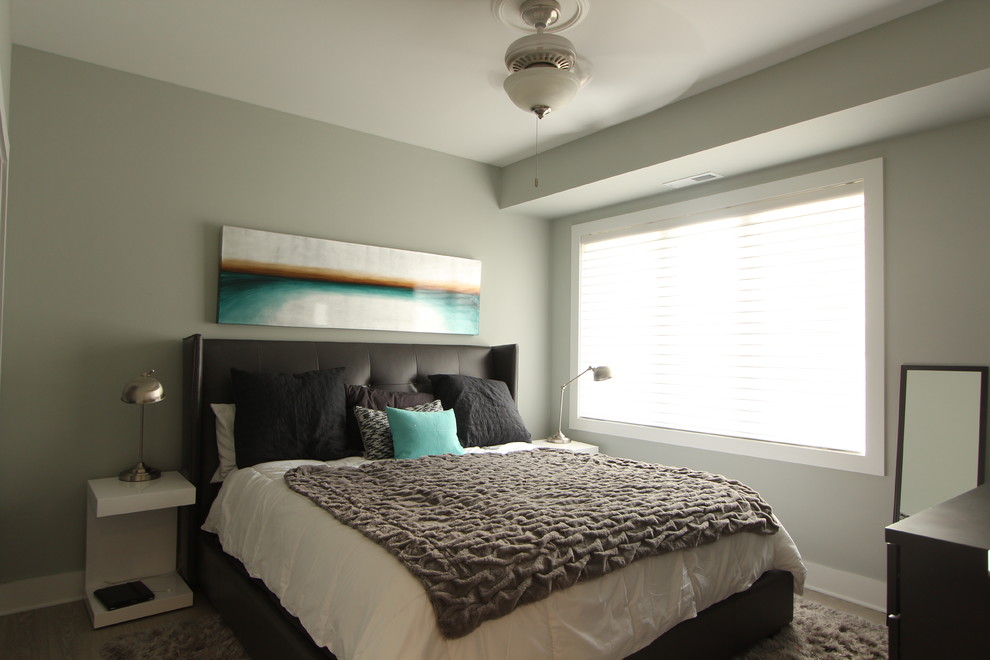 Foto de dormitorio principal moderno de tamaño medio con paredes grises y suelo laminado