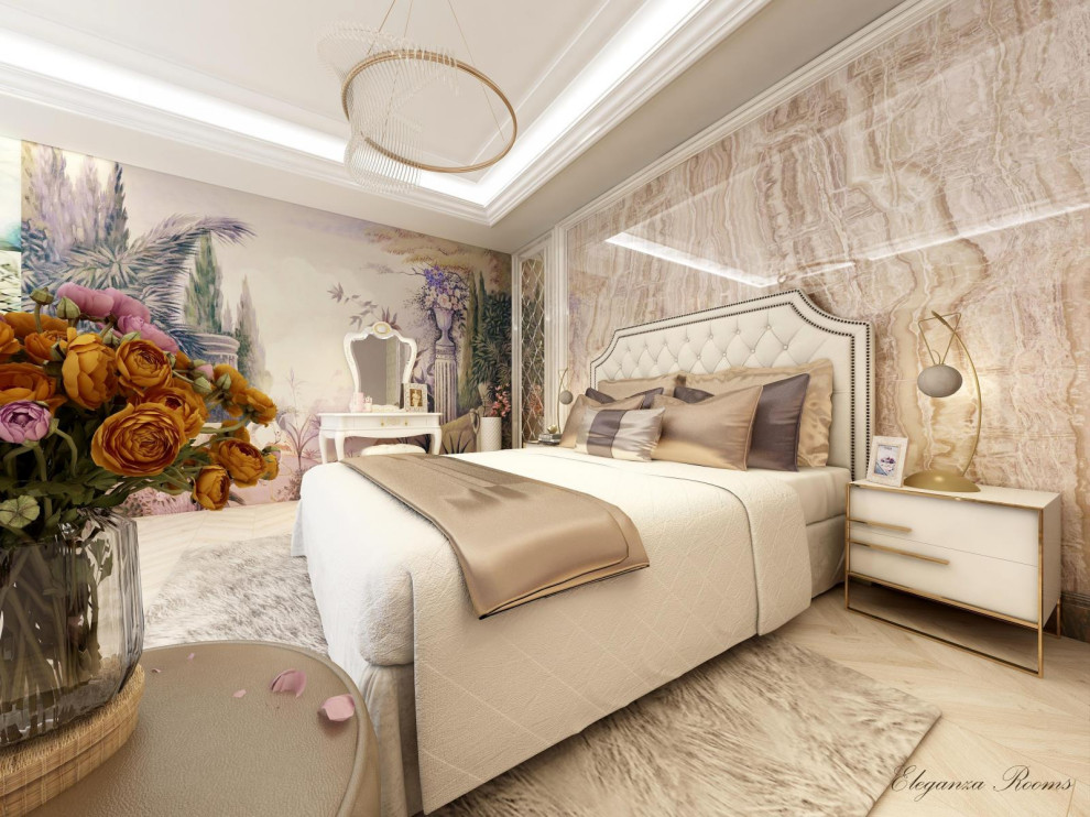 Immagine di una camera matrimoniale minimalista con pareti beige, pavimento in marmo e pavimento beige