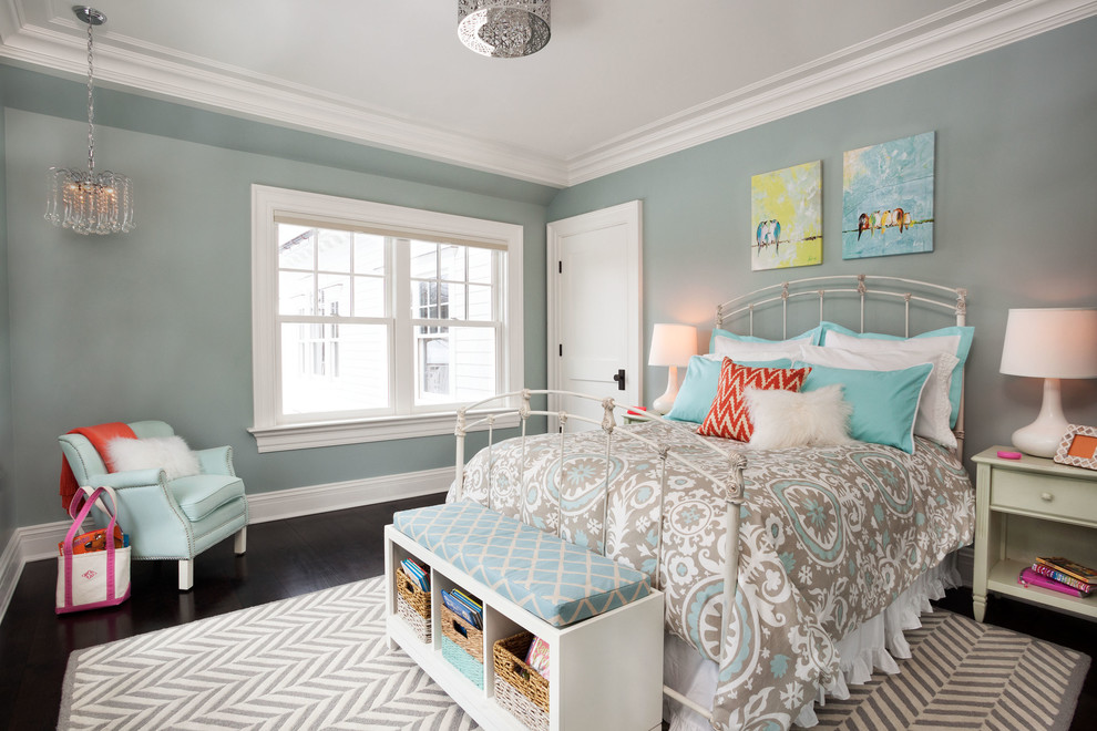 Inspiration for a mid-sized timeless dark wood floor bedroom remodel in New York with blue walls