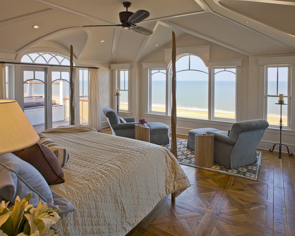 Coastal bedroom in Philadelphia with medium hardwood flooring.