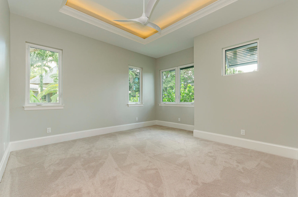 Diseño de habitación de invitados contemporánea grande con paredes grises, moqueta y suelo blanco