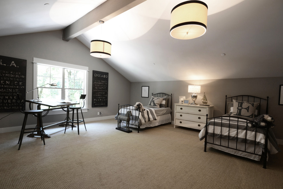 Design ideas for a large classic guest bedroom in Sacramento with grey walls, carpet, no fireplace and beige floors.
