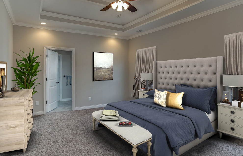 ルイビルにある中くらいなトランジショナルスタイルのおしゃれな主寝室 (ベージュの壁、カーペット敷き、ベージュの床) のインテリア