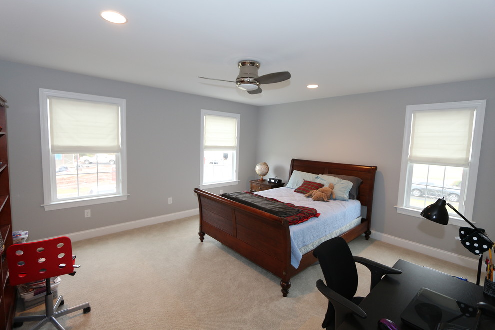フィラデルフィアにある広いトランジショナルスタイルのおしゃれな客用寝室 (グレーの壁、カーペット敷き)