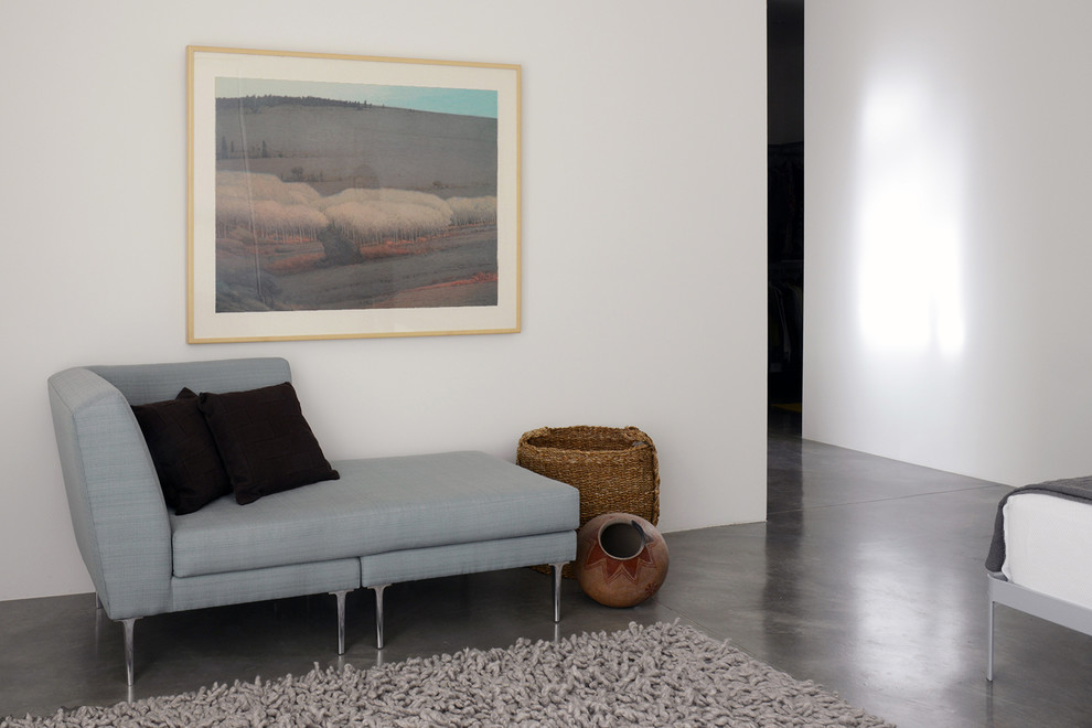 Aménagement d'une chambre parentale moderne de taille moyenne avec un mur blanc, sol en béton ciré et un sol gris.