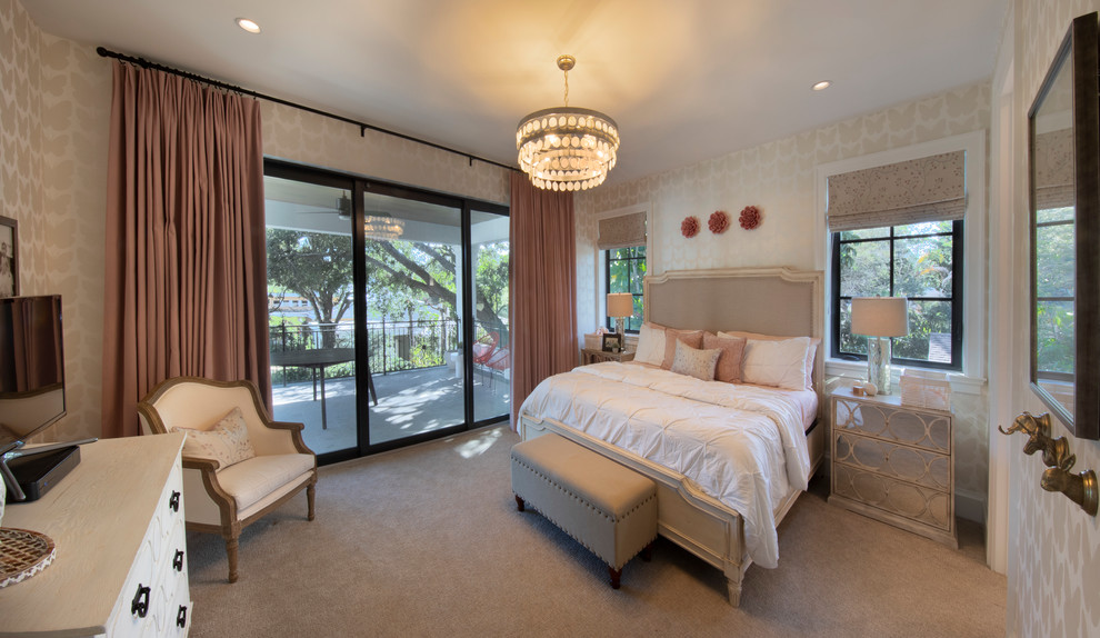 Large traditional guest and grey and pink bedroom in Miami with blue walls, medium hardwood flooring and brown floors.