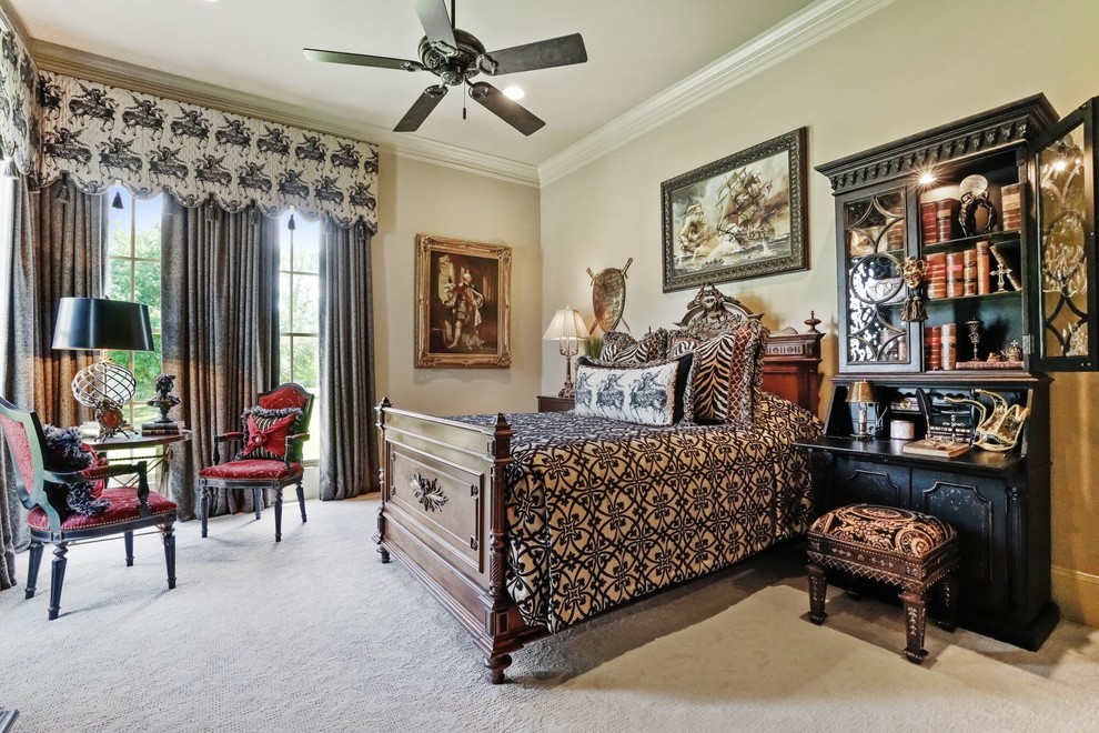 Inspiration for a large classic guest bedroom in Other with beige walls, carpet and beige floors.