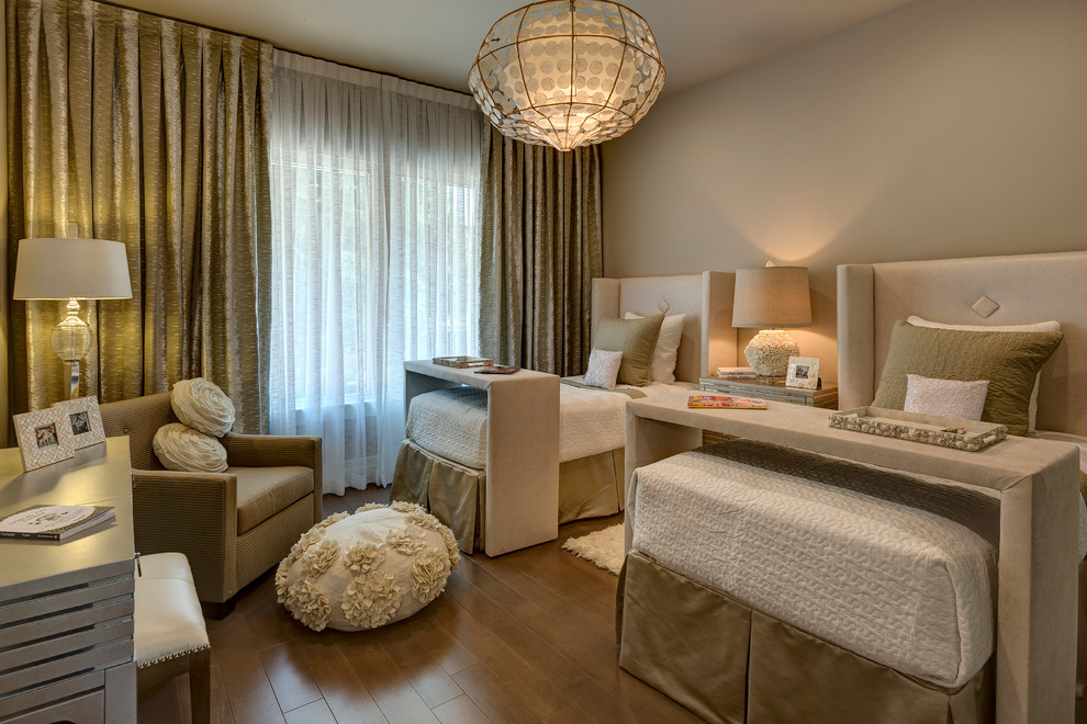 Bedroom - transitional dark wood floor bedroom idea in Orlando with beige walls