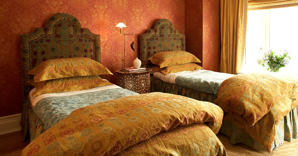 Design ideas for a mediterranean guest bedroom in New York with multi-coloured walls.
