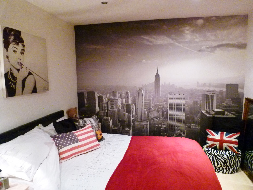 New York City Wallpaper in a Modern Bedroom - Contemporary - Bedroom