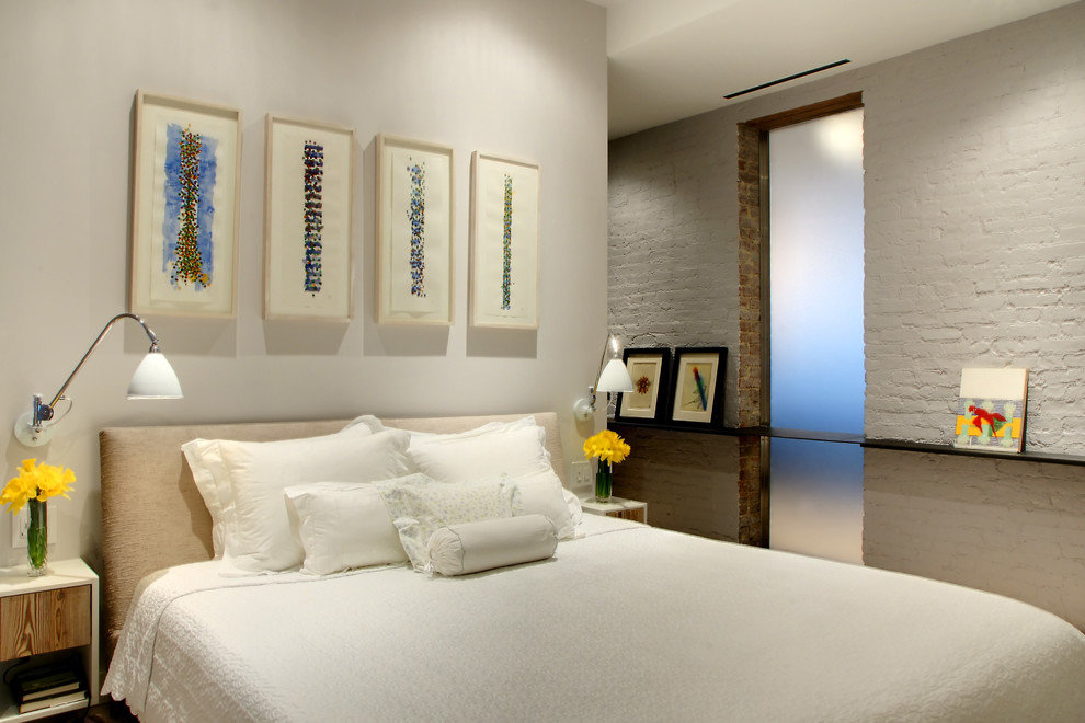 ニューヨークにあるコンテンポラリースタイルのおしゃれな寝室 (白い壁) のレイアウト