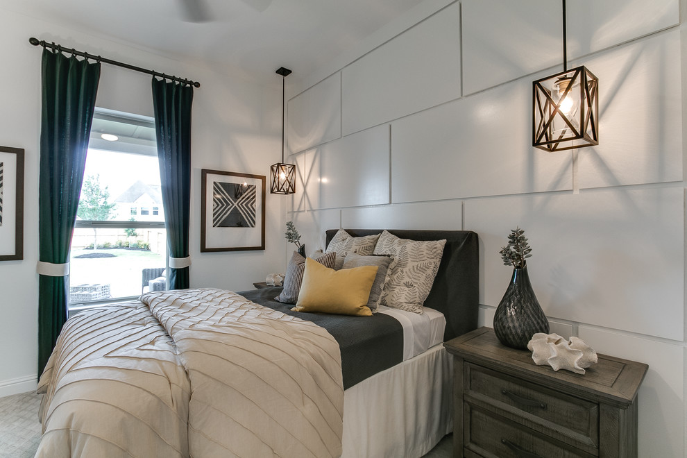 Esempio di una camera degli ospiti minimalista con pareti grigie, moquette e pavimento grigio