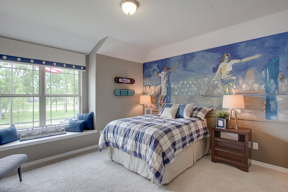 Example of a trendy guest carpeted bedroom design in Houston with blue walls and no fireplace