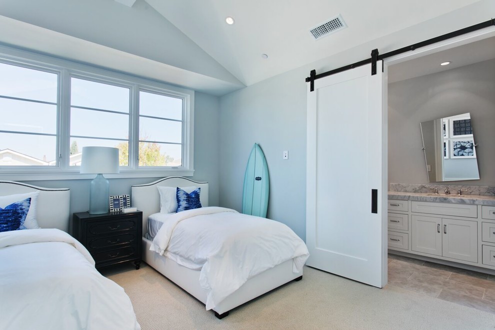 Design ideas for a coastal bedroom in Orange County.