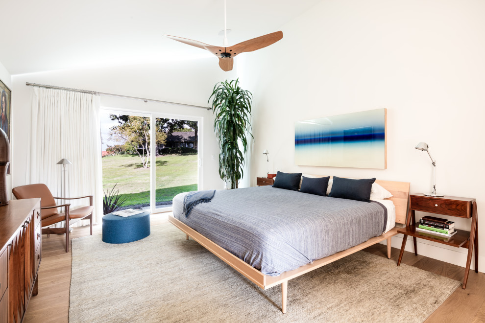 Mittelgroßes Modernes Schlafzimmer mit weißer Wandfarbe, braunem Holzboden und braunem Boden in Orange County