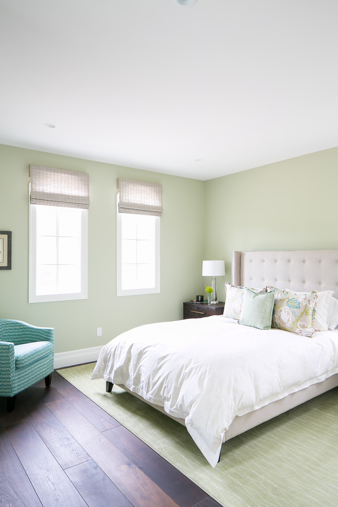 Идея дизайна: гостевая спальня среднего размера, (комната для гостей) в морском стиле с зелеными стенами, темным паркетным полом и коричневым полом